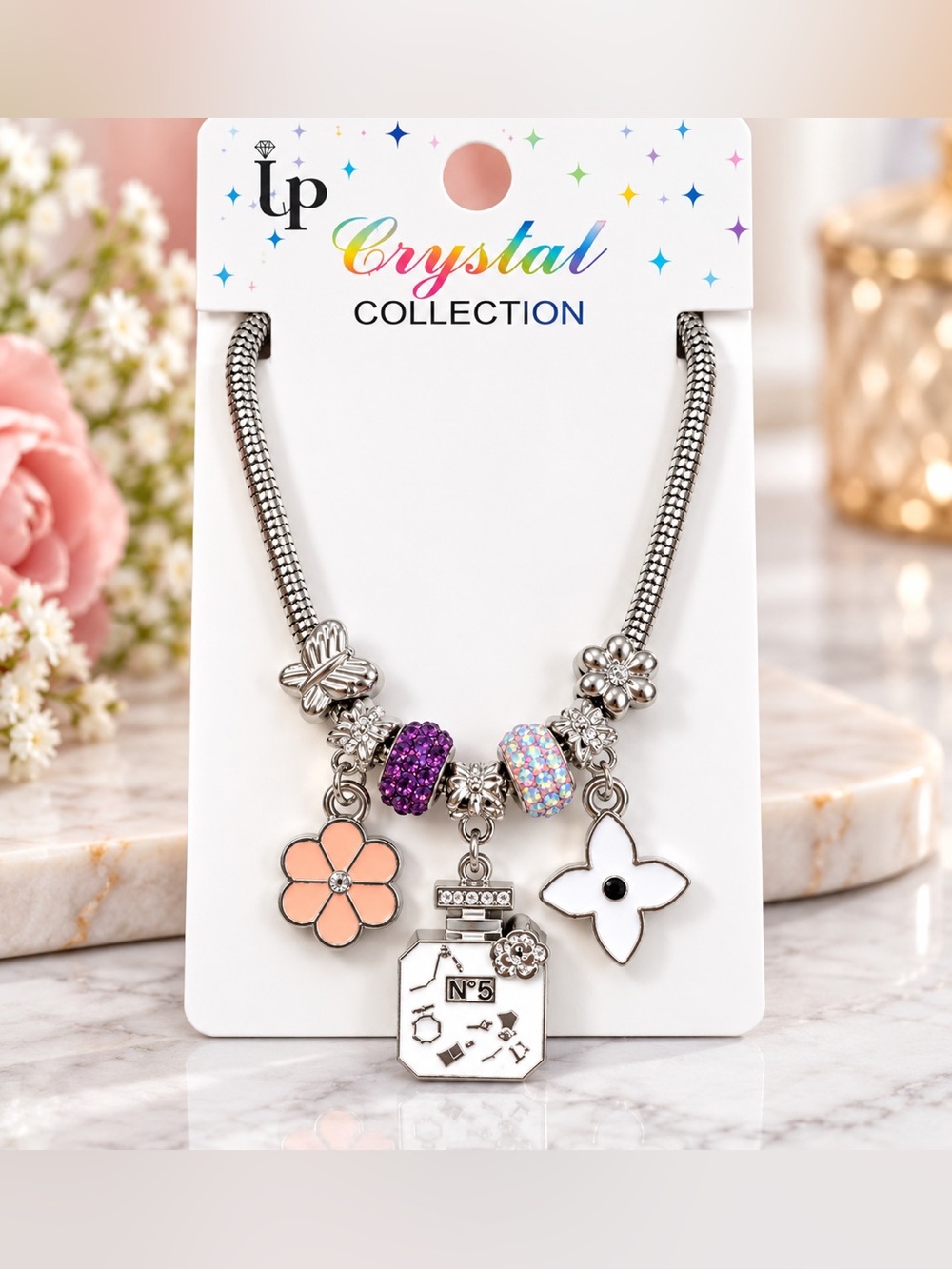 Silver-Tone Bracelet with Pink & Purple Charms